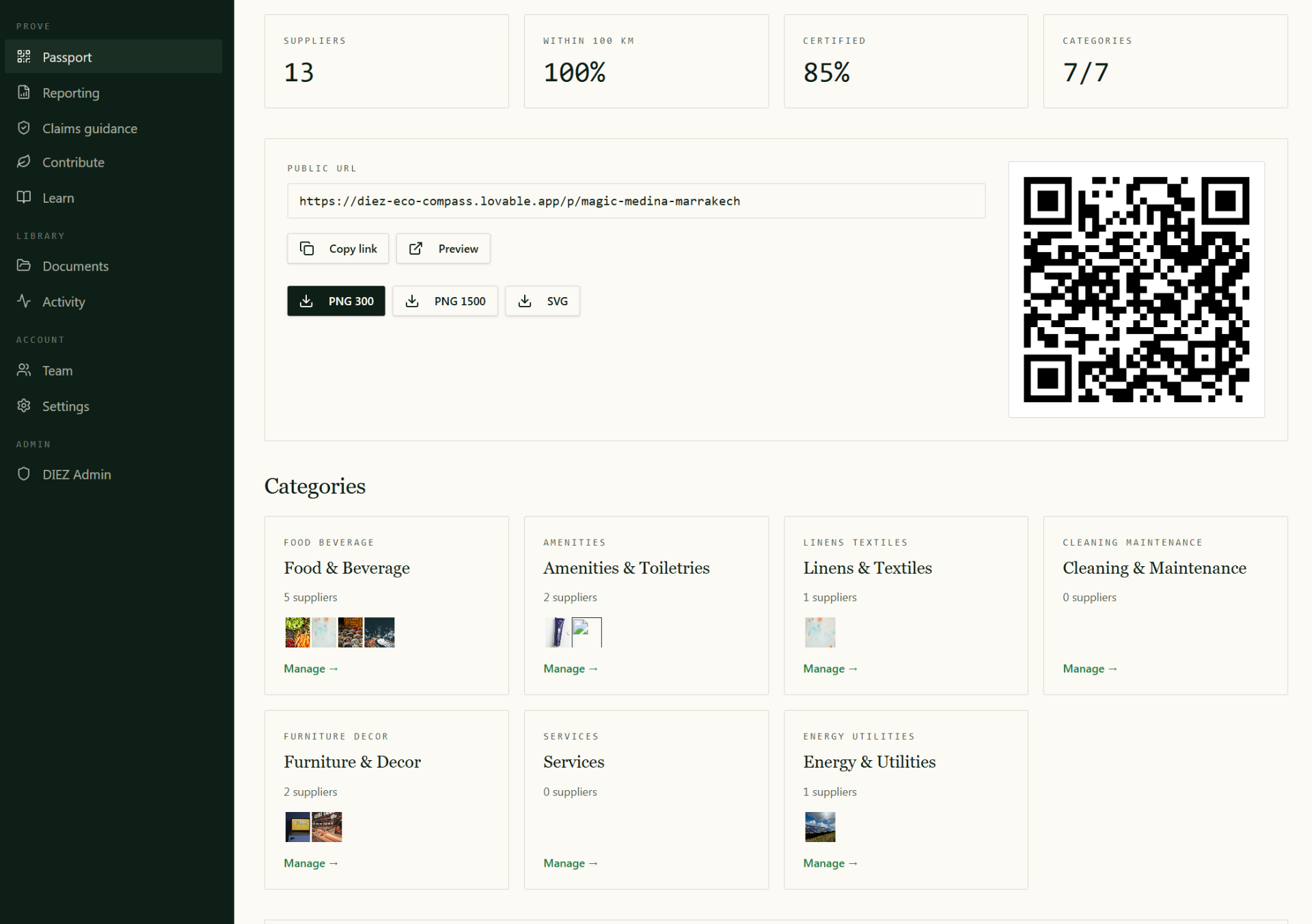 DIEZ Passport for Magic Medina showing 13 suppliers, 100% within 100km, 85% certified, public URL and QR code